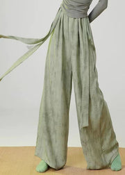 Green Tie Dye Linen Straight Pants Elastic Waist Spring