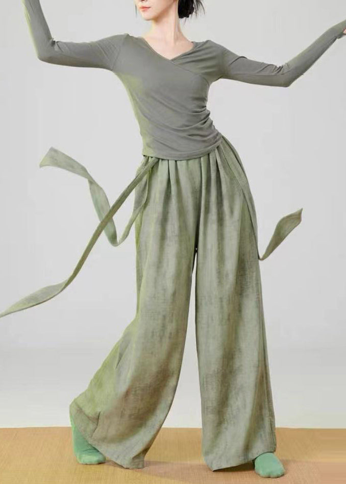 Green Tie Dye Linen Straight Pants Elastic Waist Spring