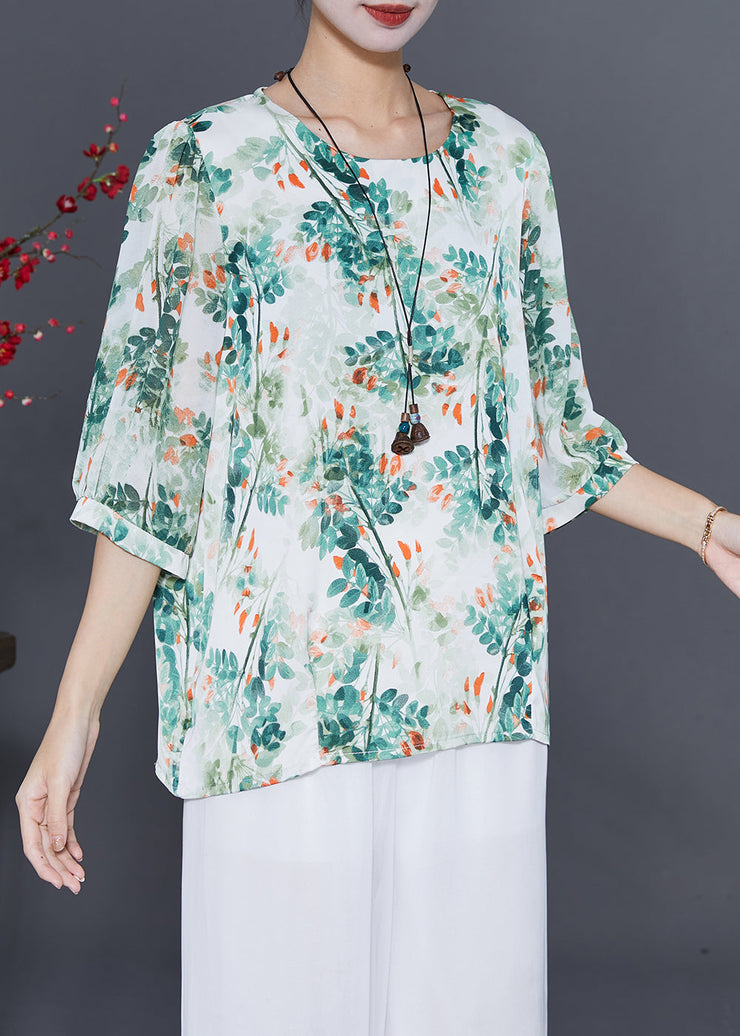 Green Tie Dye Silk Blouses Oversized Half Sleeve