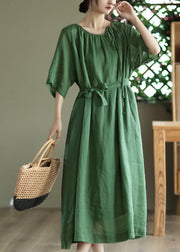 Green Tie Waist Solid Long Dress Half Sleeve