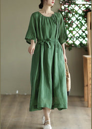 Green Tie Waist Solid Long Dress Half Sleeve