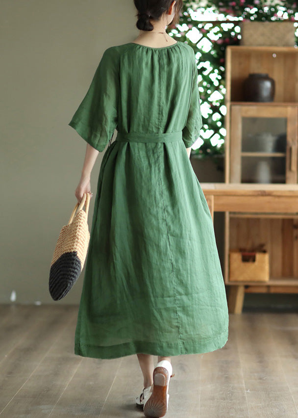 Green Tie Waist Solid Long Dress Half Sleeve