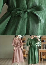 Green Tie Waist Solid Long Dress Half Sleeve