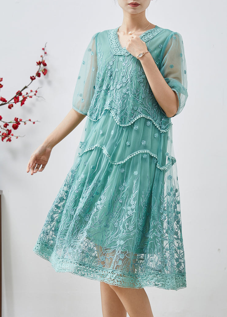 Green Tulle Dress V Neck Embroidered Summer