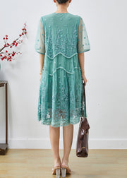 Green Tulle Dress V Neck Embroidered Summer