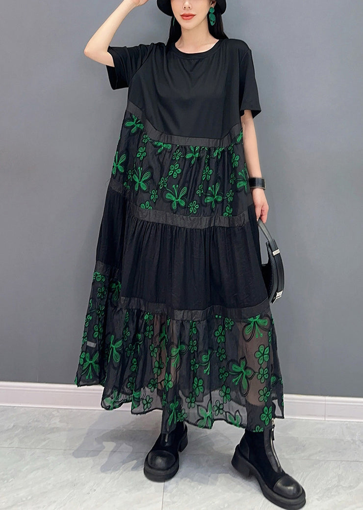 Green Tulle Patchwork Cotton Long Dresses O Neck Short Sleeve