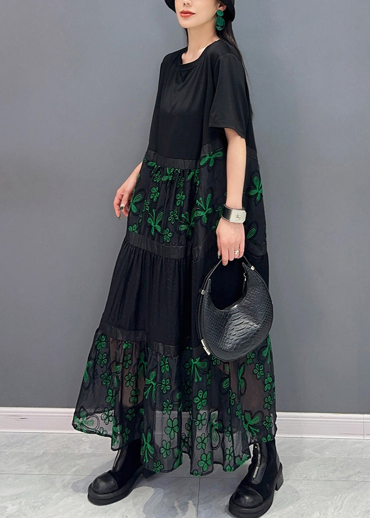 Green Tulle Patchwork Cotton Long Dresses O Neck Short Sleeve