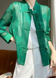 Green Tulle UPF 50+ Top Embroidered Chinese Button Fall