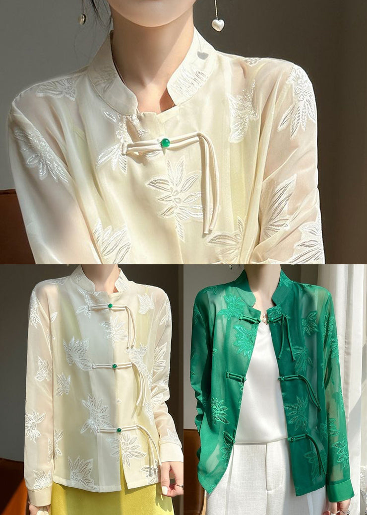 Green Tulle UPF 50+ Top Embroidered Chinese Button Fall