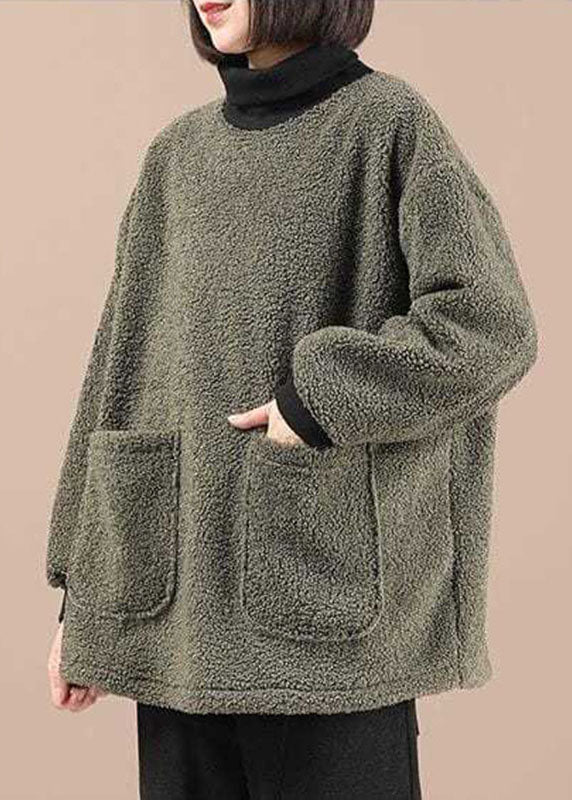 Green Turtleneck Faux Fur Fleece Sweatshirts Winter