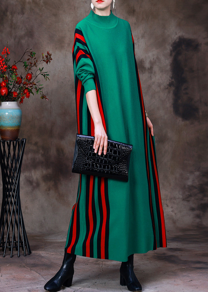 Green Turtleneck Striped Patchwork Knit Long Sweater Dress Long Sleeve