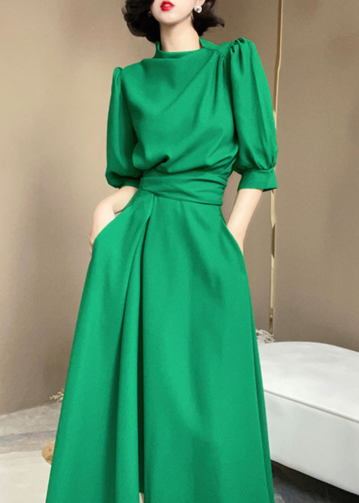 Green Turtleneck Tie Waist Patchwork Cotton Dress Tie Waist Short Sleeve