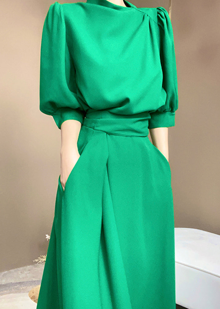 Green Turtleneck Tie Waist Patchwork Cotton Dress Tie Waist Short Sleeve