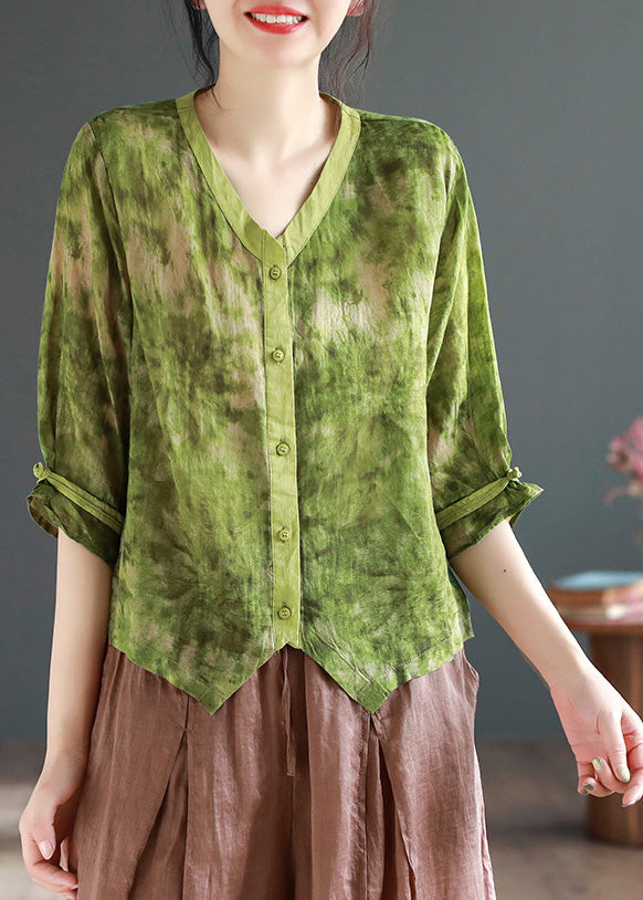 Green V Neck Asymmetrical Design Ramie Shirt Summer