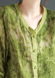 Green V Neck Asymmetrical Design Ramie Shirt Summer