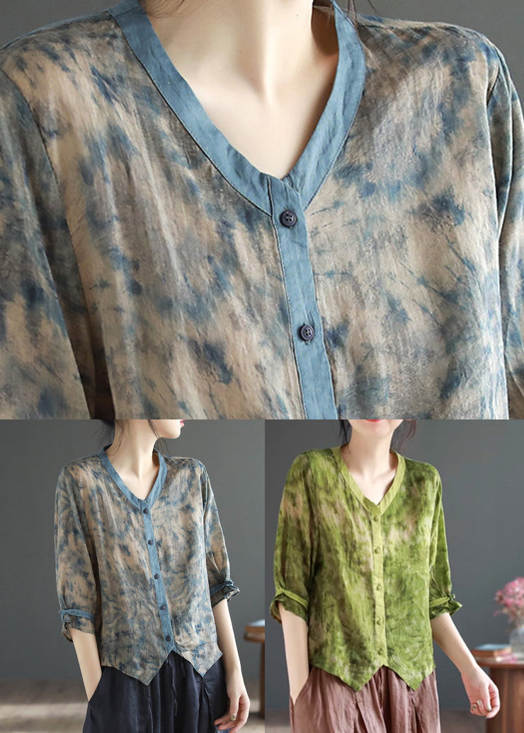 Green V Neck Asymmetrical Design Ramie Shirt Summer