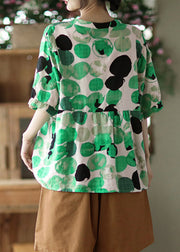 Green V Neck Button Cotton Top Half Sleeve