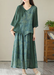 Green V Neck Patchwork Button Linen Two Pieces Set Half Sleeve