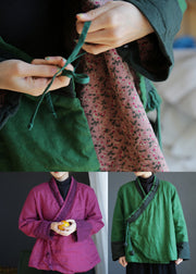 Green V Neck Tie Waist Warm Fleece Linen Parka Winter