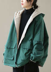 Green Warm Cotton Hooded Loose Coats Fuzzy Wool Lined Zip Up Winter