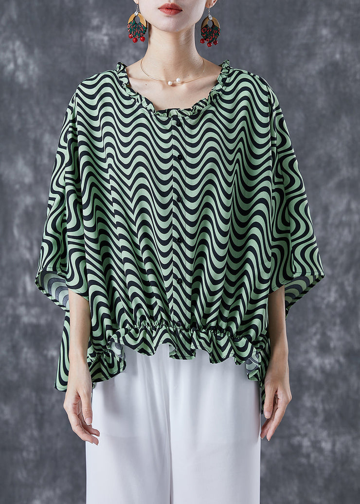 Green Wave Striped Loose Cotton Shirt Tops Ruffled Batwing Sleeve