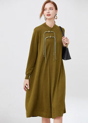 Green Wool Knit Long Dresses Stand Collar Tassel Long Sleeve