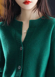 Green Woolen Knit Coats O-Neck Button Solid Color Winter