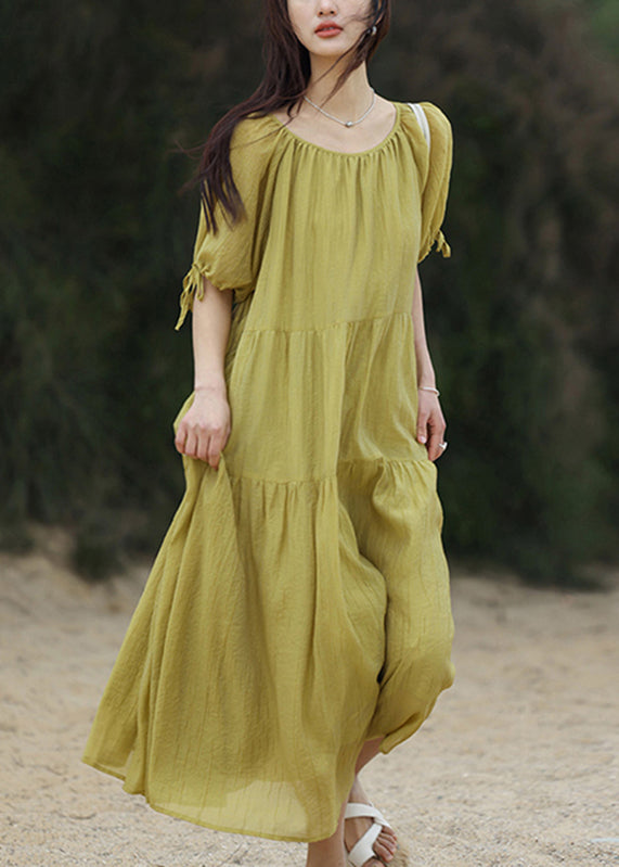 Green Wrinkled Maxi Dress Short Sleeve