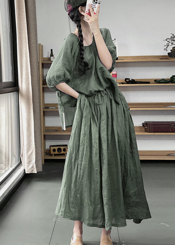 Green Wrinkled Pockets Cotton Two Pieces Set Solid Half Sleeve