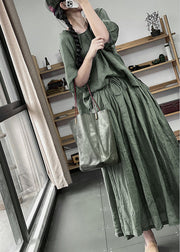 Green Wrinkled Pockets Cotton Two Pieces Set Solid Half Sleeve