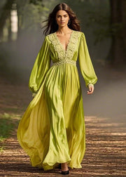 Green Wrinkled Solid Chiffon Long Dresses V Neck Spring