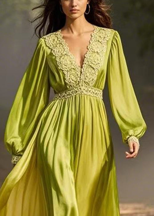 Green Wrinkled Solid Chiffon Long Dresses V Neck Spring