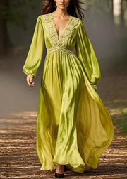 Green Wrinkled Solid Chiffon Long Dresses V Neck Spring