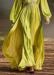 Green Wrinkled Solid Chiffon Long Dresses V Neck Spring