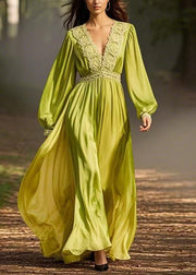 Green Wrinkled Solid Chiffon Long Dresses V Neck Spring