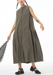 Green Wrinkled Solid Long Shirt Dress Sleeveless