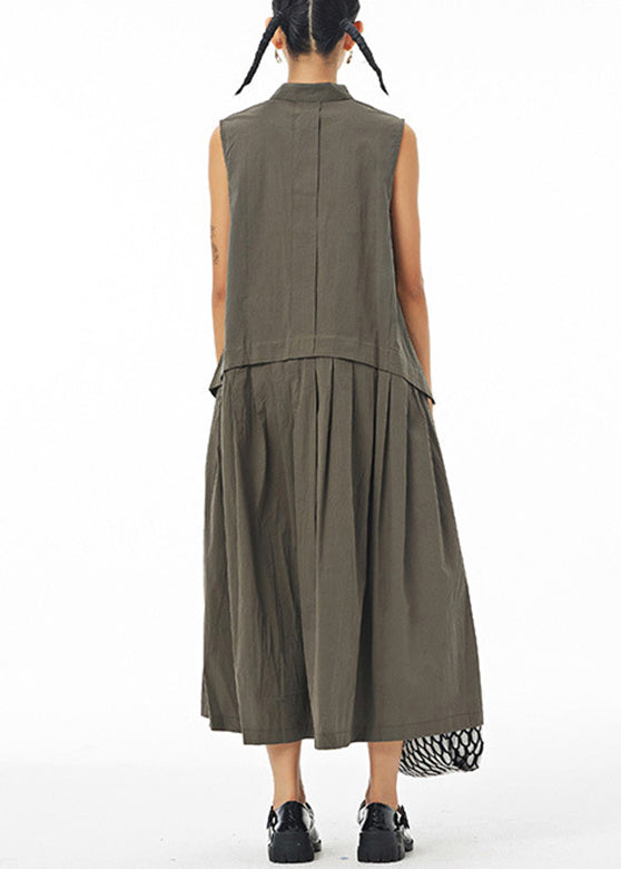 Green Wrinkled Solid Long Shirt Dress Sleeveless