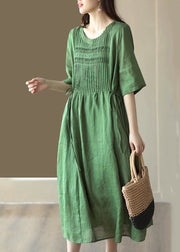 Green Wrinkled Tie Waist Linen Maxi Dress Short Sleeve