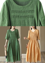 Green Wrinkled Tie Waist Linen Maxi Dress Short Sleeve