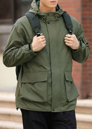 Green Zippered Pockets Loose Cotton Men Coat Hooded Spring