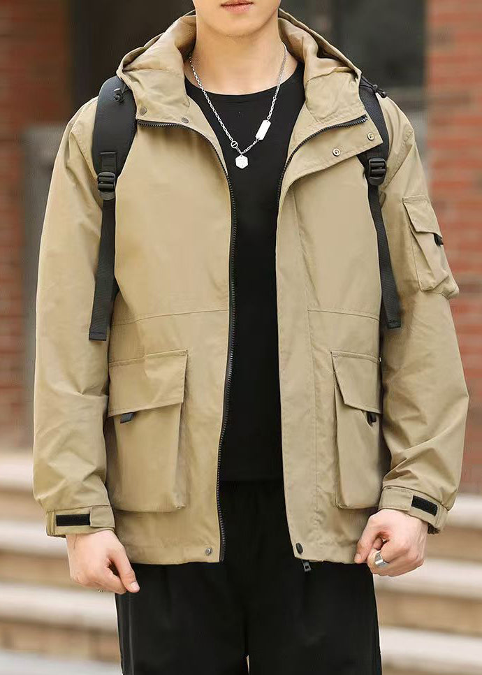 Green Zippered Pockets Loose Cotton Men Coat Hooded Spring