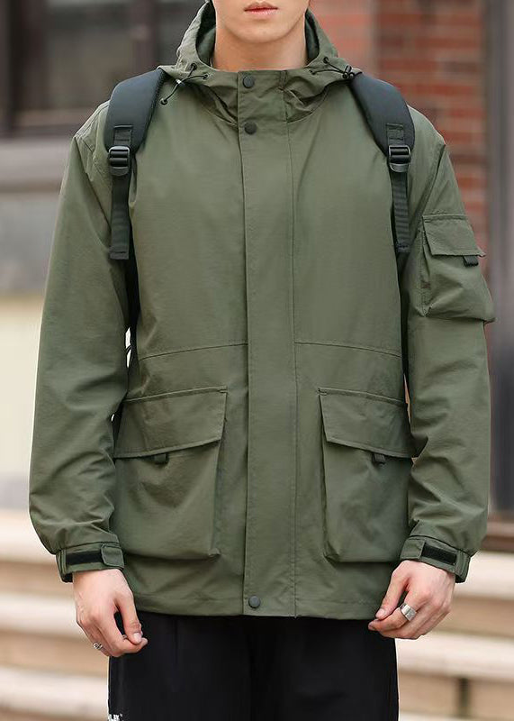 Green Zippered Pockets Loose Cotton Men Coat Hooded Spring