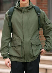 Green Zippered Pockets Loose Cotton Men Coat Hooded Spring