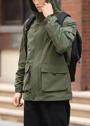 Green Zippered Pockets Loose Cotton Men Coat Hooded Spring