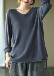 Grey Blue Patchwork Cozy Knitting Cotton Shirt Tops V Neck Fall