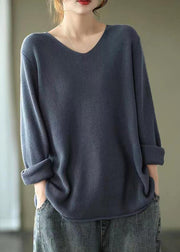 Grey Blue Patchwork Cozy Knitting Cotton Shirt Tops V Neck Fall