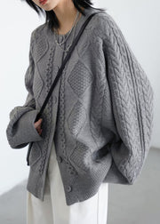 Grey Button Cozy Loose Knit Coat O Neck Spring