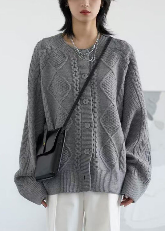 Grey Button Cozy Loose Knit Coat O Neck Spring