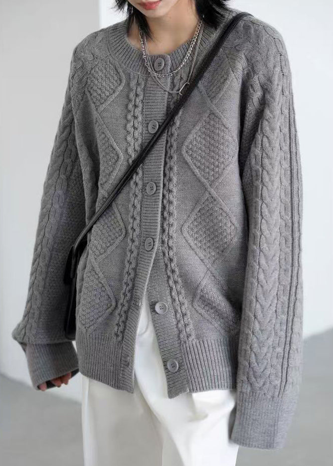 Grey Button Cozy Loose Knit Coat O Neck Spring