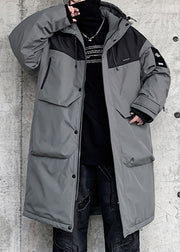 Grey Button Drawstring Duck Down Men Down Coat Hooded Winter